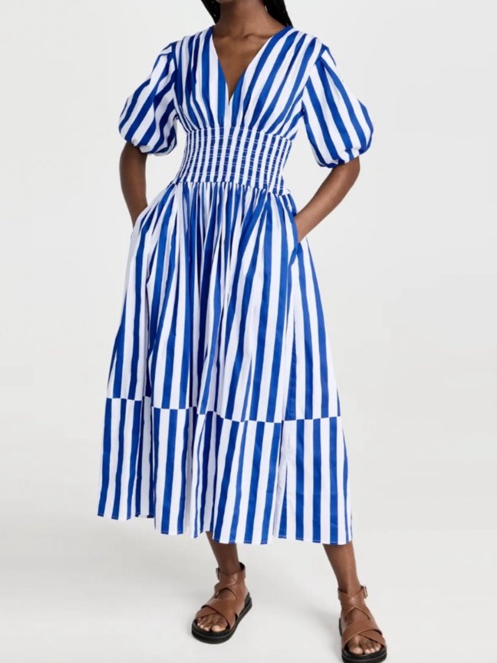 AYR The Extra Extra Puff Sleeve Midi Dress in Marais Blue Regatta Stripe XS